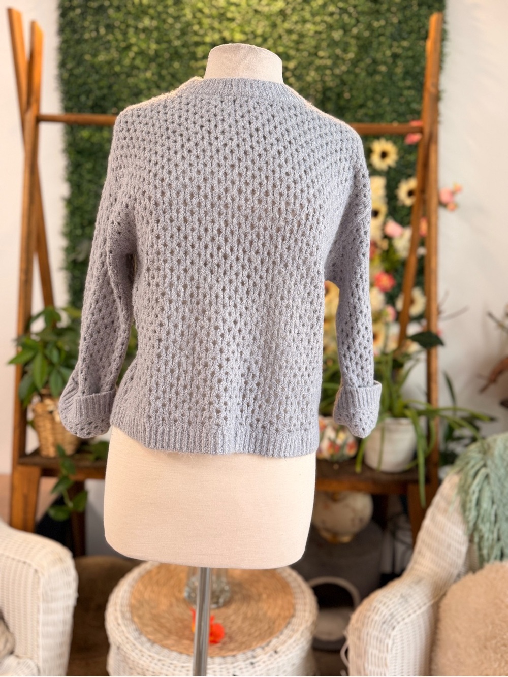 Wit & Wisdom Soft Gray Open-Knit Crewneck Sweater